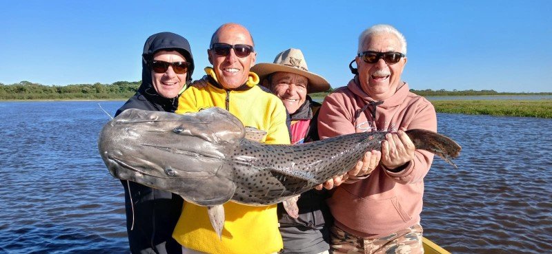 Cuatro pescadores sostienen un surubí en el río, Esquina, Corrientes